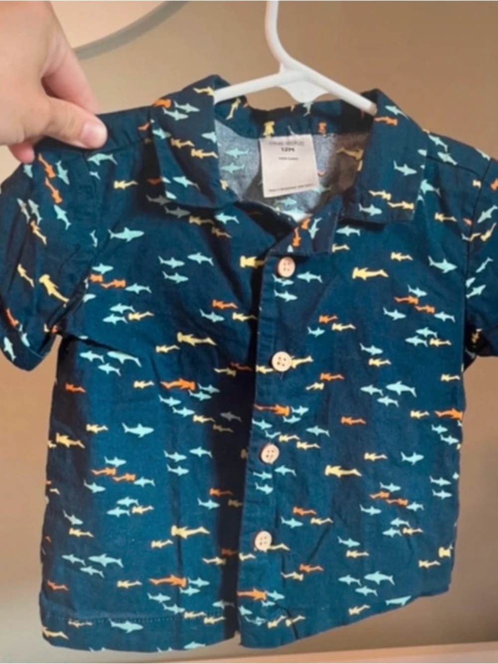 Okie Dokie size 12M  Shark-Print Short Sleeve Shirt for Kids